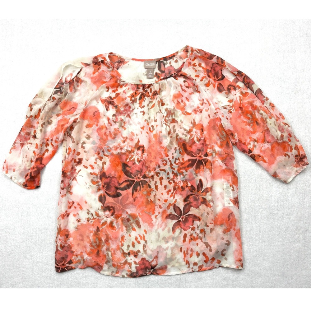Chicos Floral Cold Shoulder‎ Blouse Coral Orange Pink Sheer Chiffon Top Size 1 M